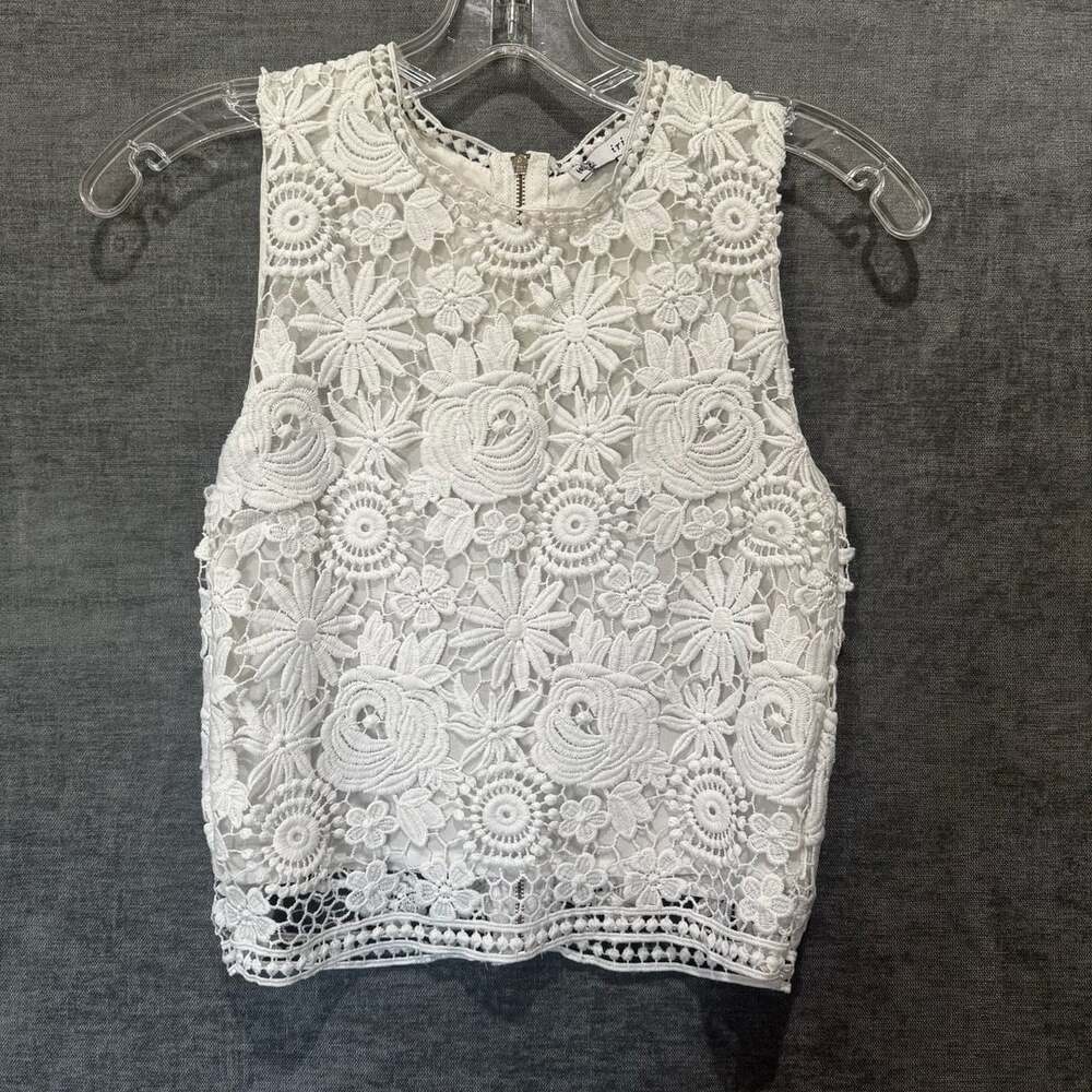 Iris Boho White Floral Crochet Lace Feminine Sleeveless Crop Top Size S